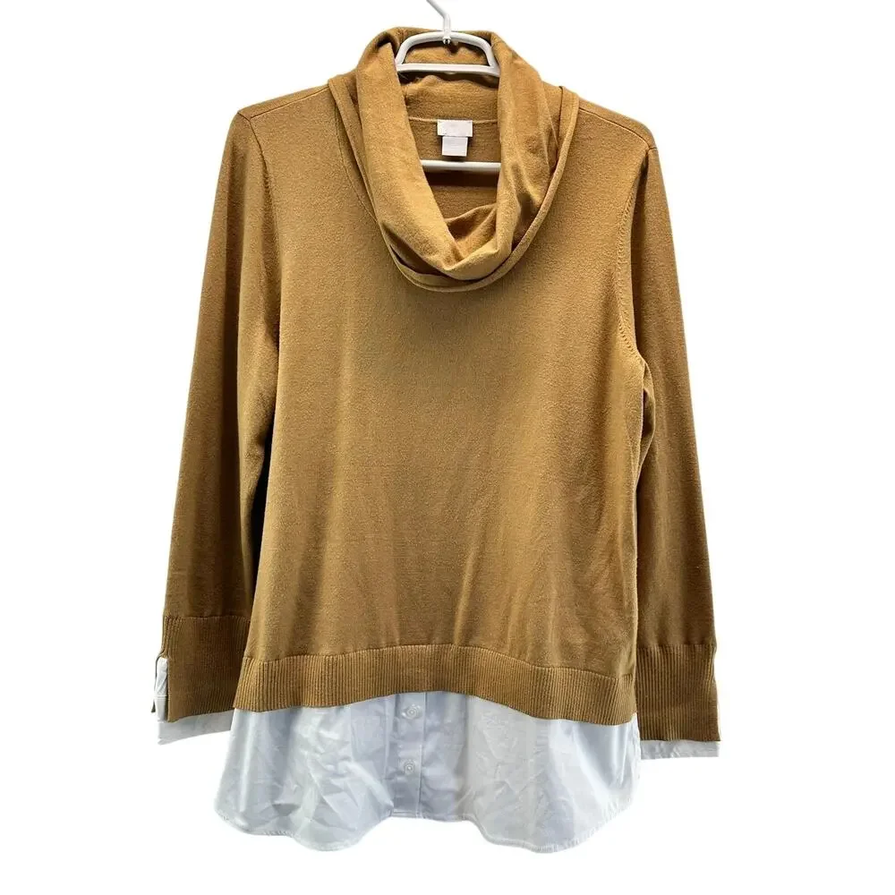 Chico's Turtleneck Sweater Over Blouse Tan White 2 Large Contemporary Lagenlook